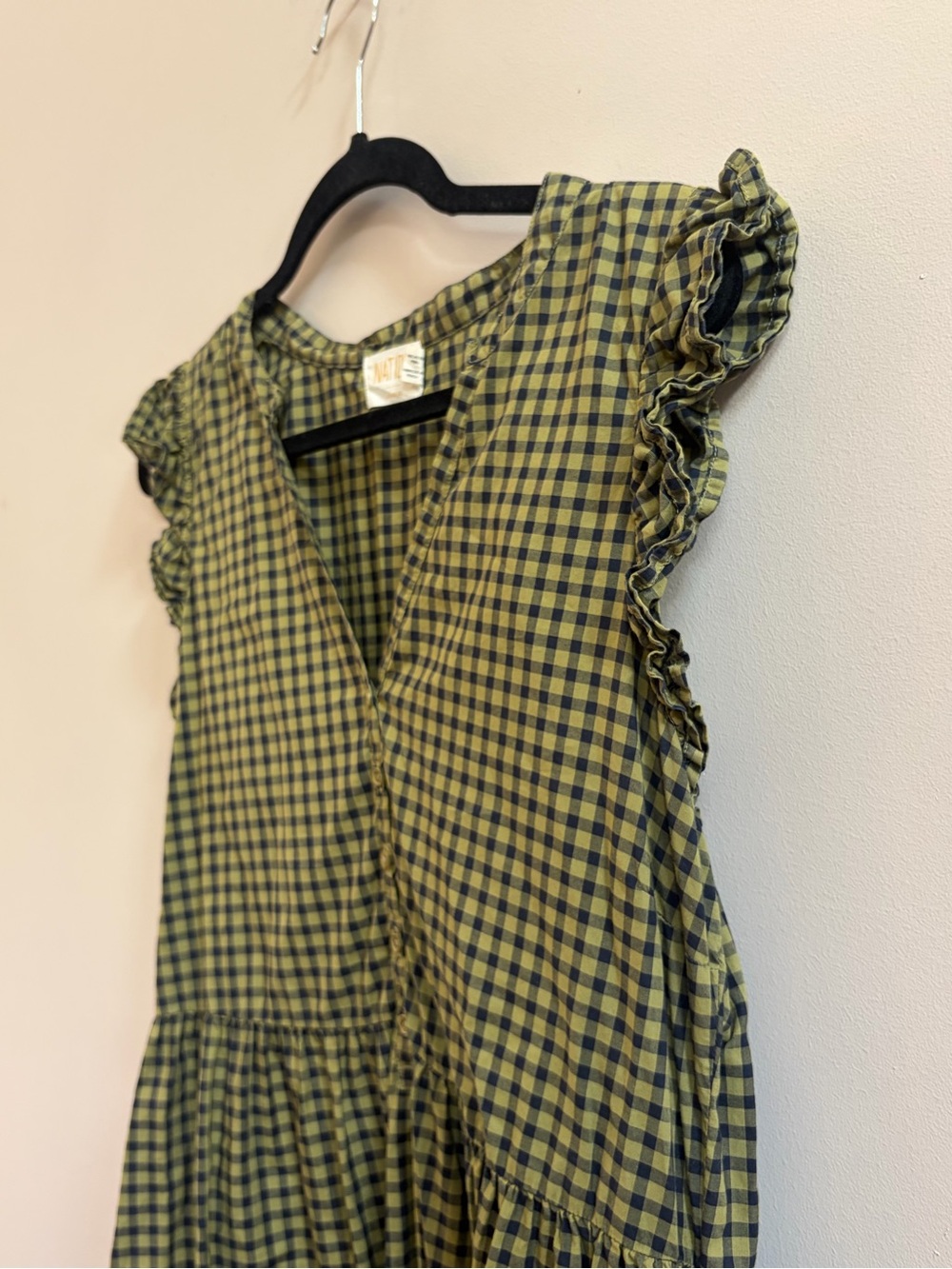 Nation LTD Tegan Ruffled Mini Dress Green Navy Check Pattern 100% Pima Cotton - Picture 4 of 11